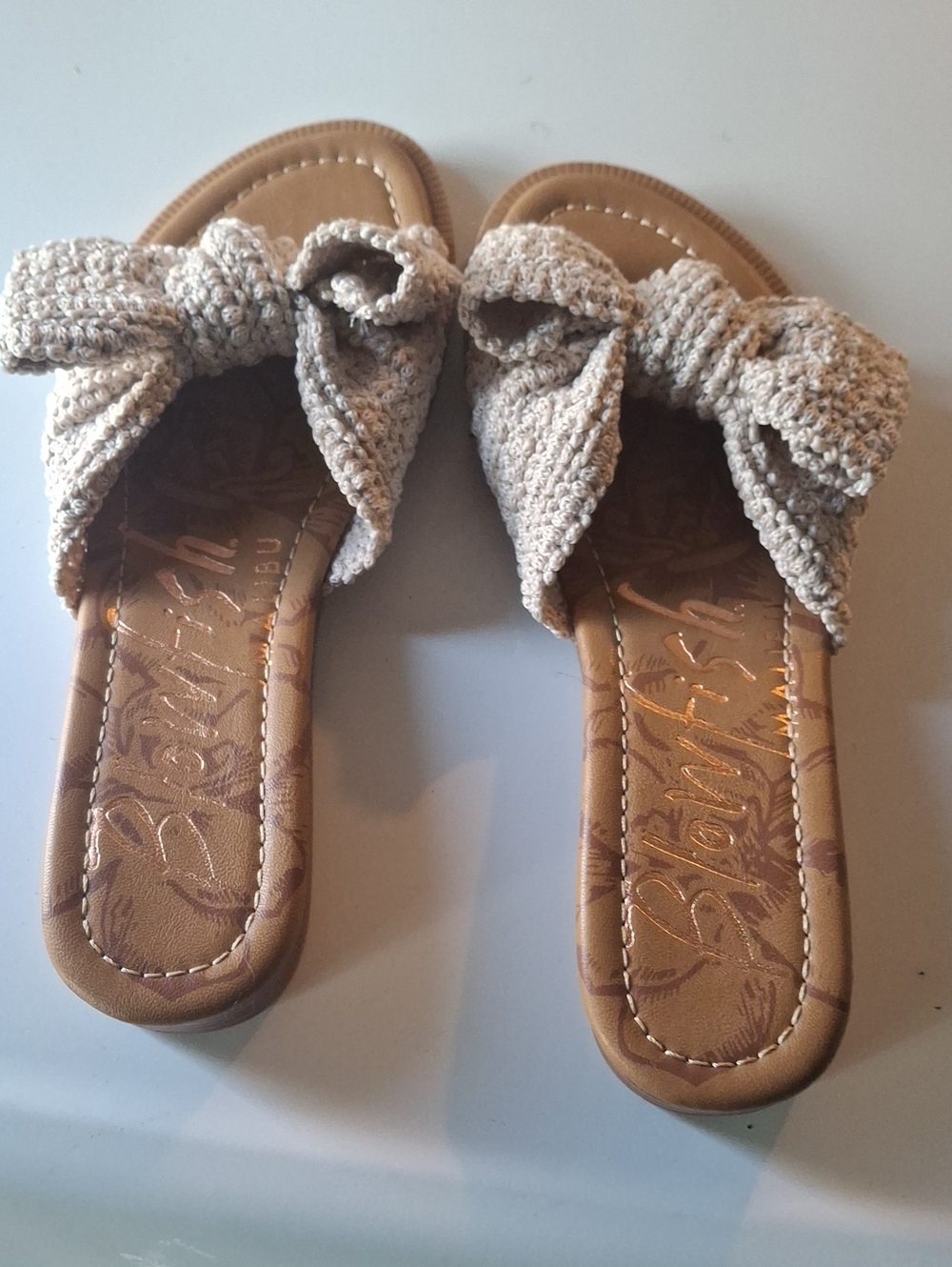 Blowfish Malibu Beige Knitted Bow Slide Sandals